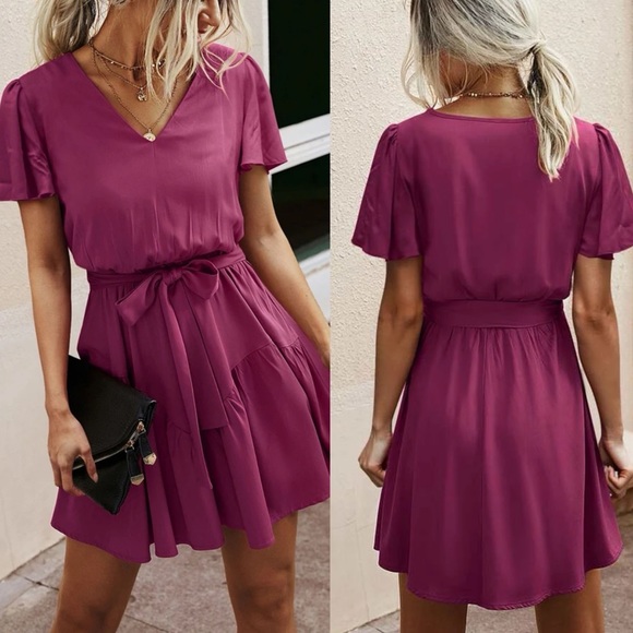 Short sleeve v neck belted flowy boho dress olive green - Picture 3 of 8